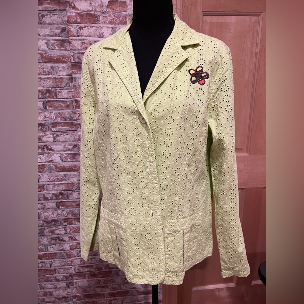 Focus Women's Lime Green Eyelet Jacket Blazer-Style Med Cotton Career Boho Artsy